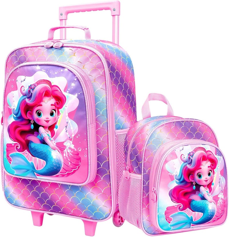 FTJCF Store 2PCS Girls Suitcase Set, 18" Kids Mermaid Carry on Luggage with Wheels, Cute Travel Rolling with 12" Toddler Backpack(Pink) - Image 1
